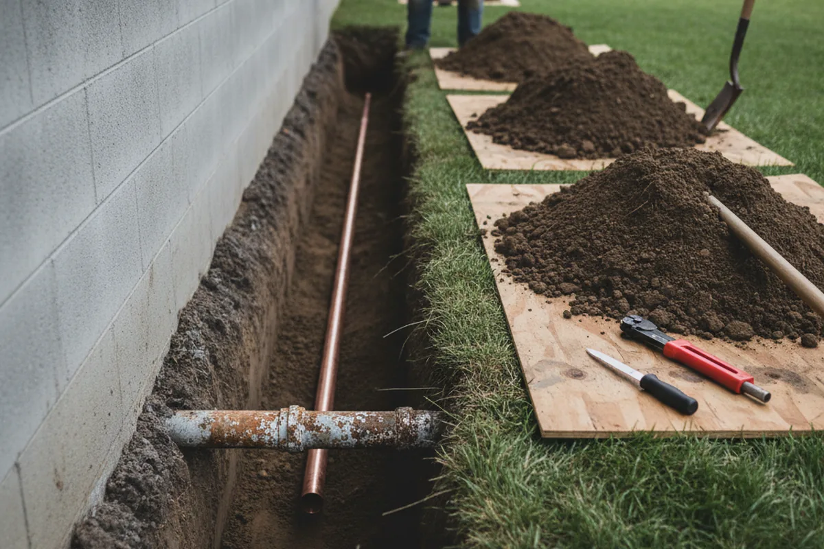 Excavated water line trench during Water Softener Installation in Walford